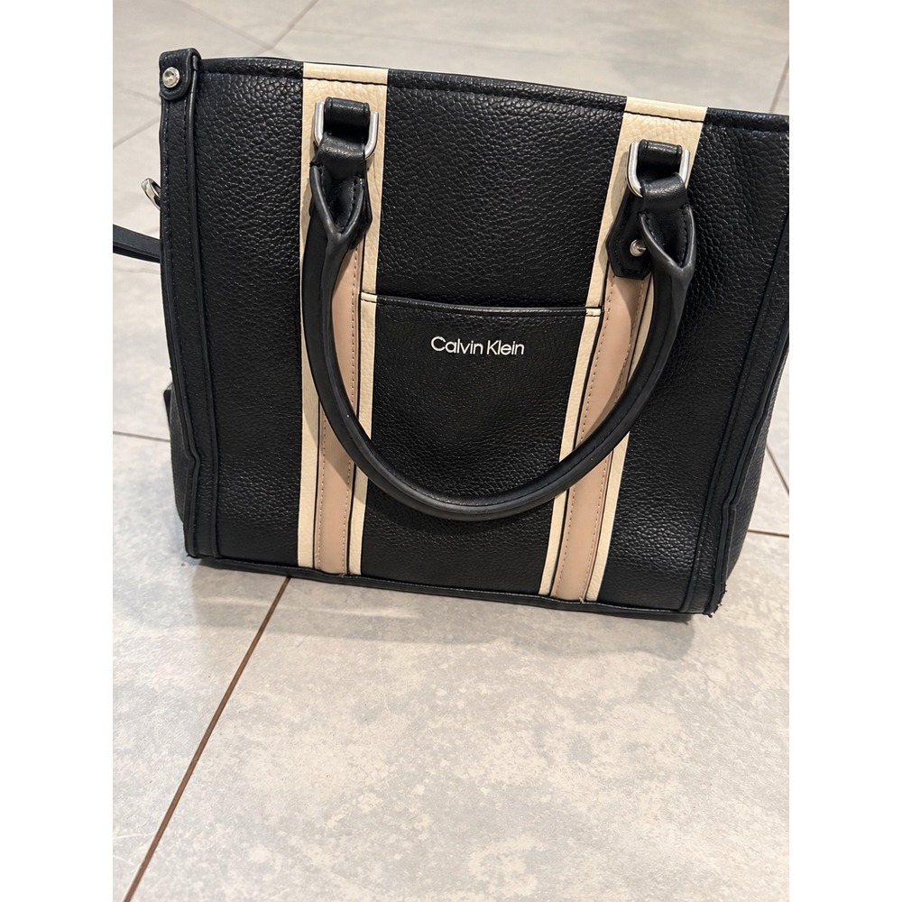 Calvin Klein Tote Bag Womens Black Pebbled Faux Leather Striped Satchel Handbag